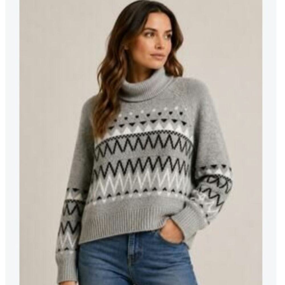 Evereve Morgan Fair Isle Turtleneck Sweater Small Relaxed Fit Gray Apres Ski